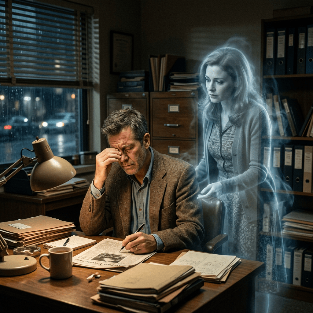 Distressed man sitting at a cluttered desk with a ghostly woman standing behind him