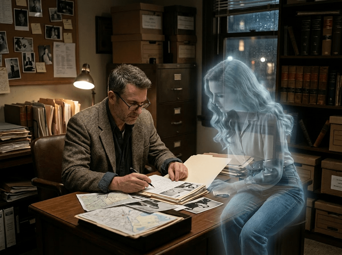 Detective reviewing documents with a translucent ghostly woman sitting beside him in a dimly lit office
