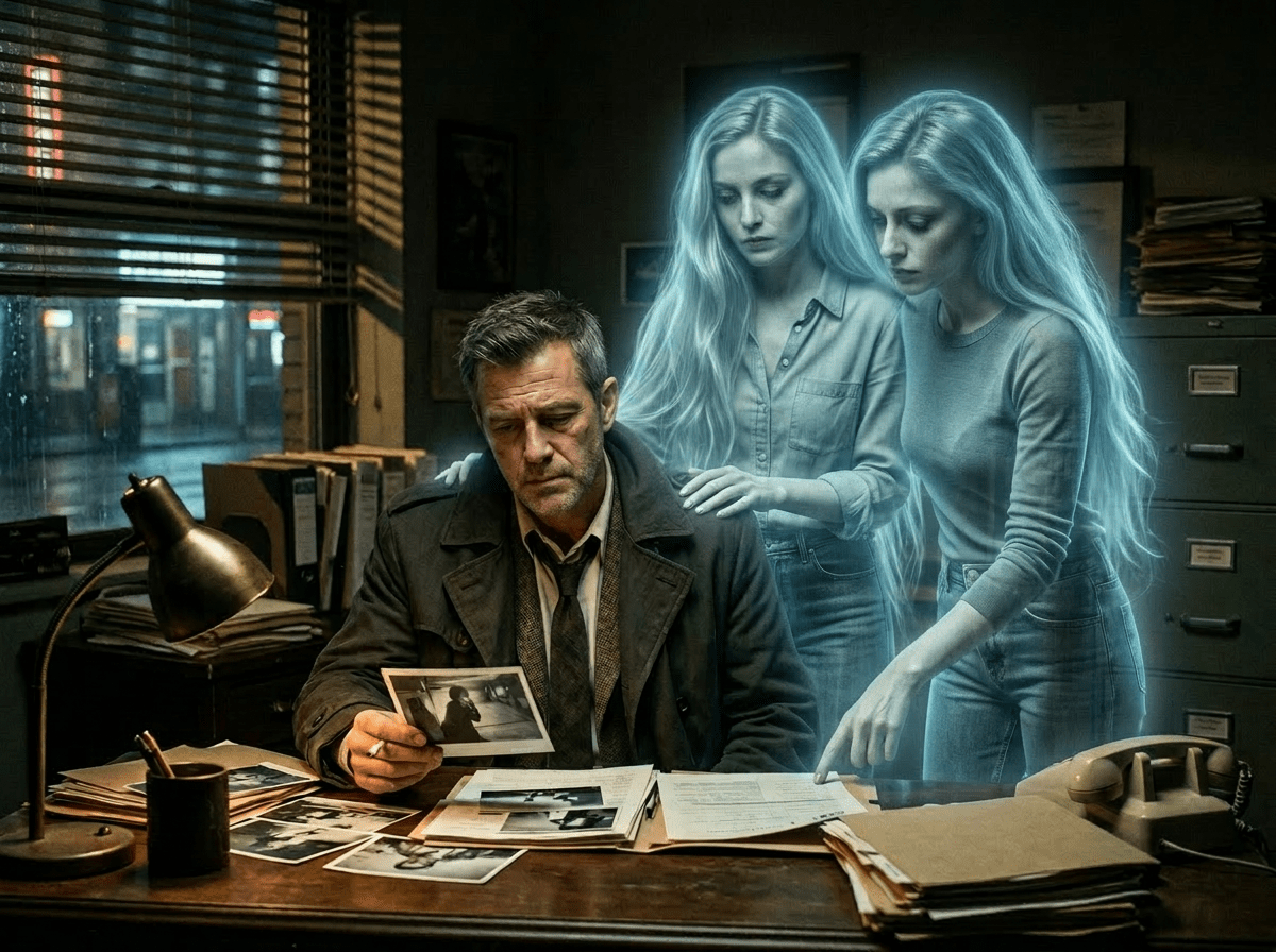A detective examining crime scene photos with two ethereal ghost women behind him.