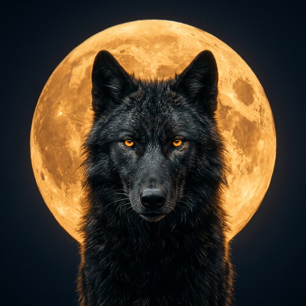 Stylized wolf head with glowing orange eyes surrounded by swirling dark smoke