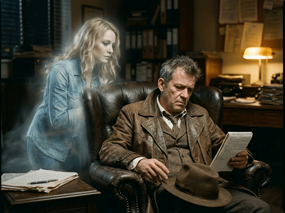 Man in leather jacket reading notes with ghostly woman beside him in office