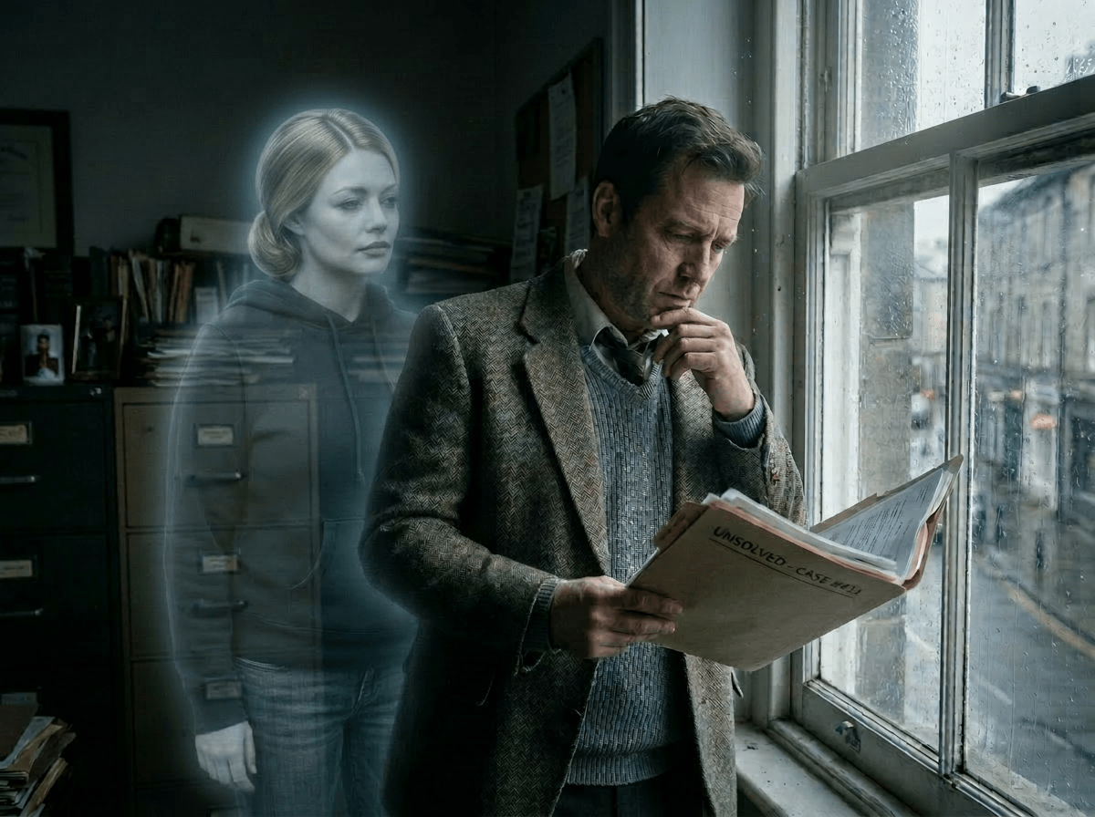 Detective reviewing an unsolved case file beside a ghostly woman in an office