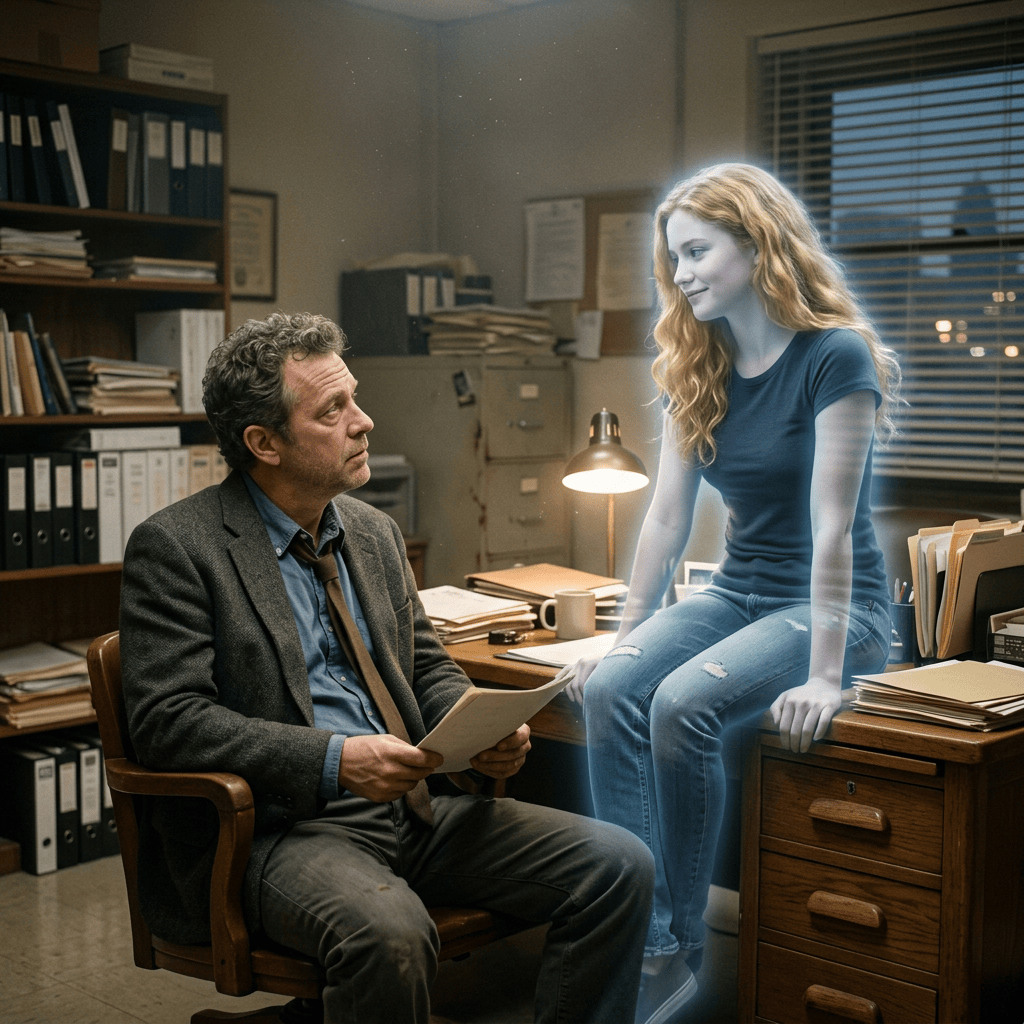 Man holding document beside a glowing woman in an office
