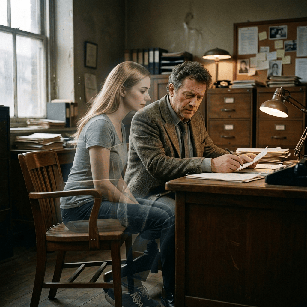 Man reviewing documents at a desk beside a woman in an office