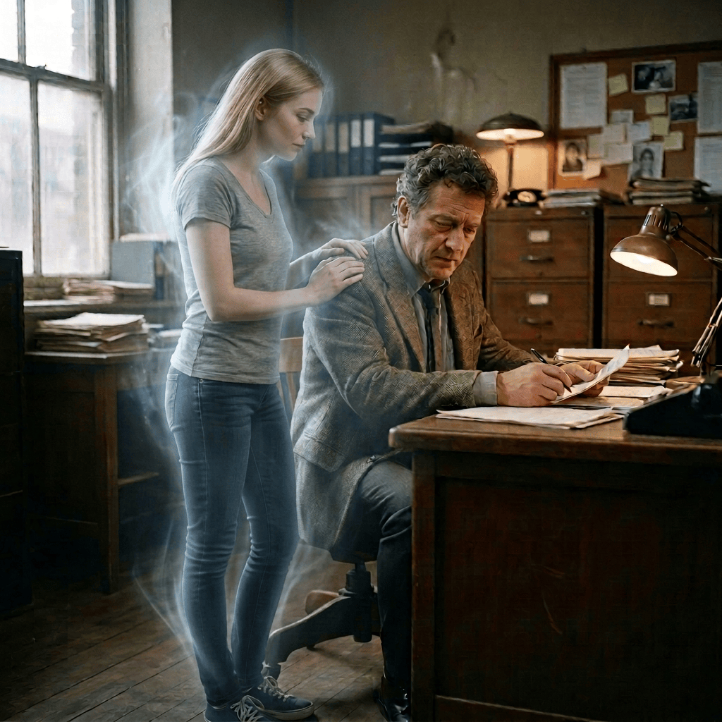 Man reviewing documents at a desk beside a woman in an office