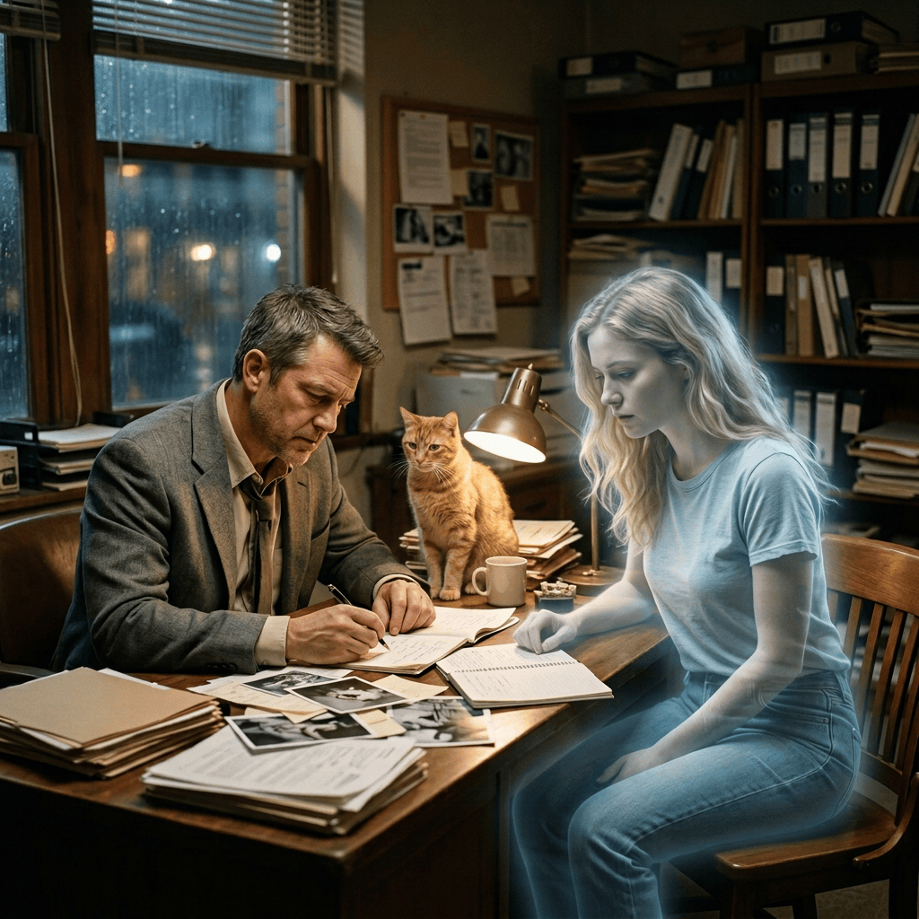 Man reviewing case files beside a translucent woman in an office